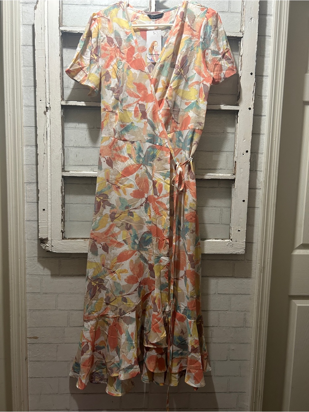 NWT PrettyGarden Abstract Leaf Print Wrap Midi Dress - Terracotta/Teal - L